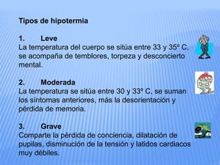 Tipos de hipotermia
1. Leve
La temperatura del cuerpo se sitúa entre 33 y 35º C,
se acompaña de temblores, torpeza y desconcierto
mental.
2. Moderada
La temperatura se sitúa entre 30 y 33º C, se suman
los síntomas anteriores, más la desorientación y
pérdida de memoria.
3. Grave
Comparte la pérdida de conciencia, dilatación de
pupilas, disminución de la tensión y latidos cardiacos
muy débiles.
 