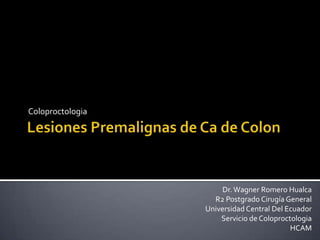 Coloproctologia
Dr.Wagner Romero Hualca
R2 Postgrado Cirugía General
Universidad Central Del Ecuador
Servicio de Coloproctologia
HCAM
 
