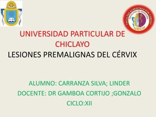 UNIVERSIDAD PARTICULAR DE
CHICLAYO
LESIONES PREMALIGNAS DEL CÉRVIX
ALUMNO: CARRANZA SILVA; LINDER
DOCENTE: DR GAMBOA CORTIJO ;GONZALO
CICLO:XII
 