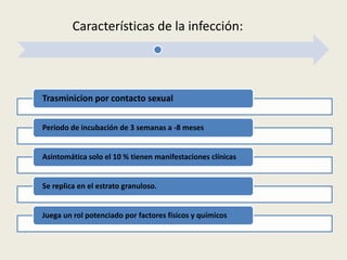 Características de la infección:
Trasminicion por contacto sexual
Periodo de incubación de 3 semanas a -8 meses
Asintomática solo el 10 % tienen manifestaciones clínicas
Se replica en el estrato granuloso.
Juega un rol potenciado por factores físicos y químicos
 