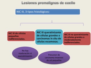 NIC III de células
pequeñas
indiferenciadas.
NIC III, 3 tipos histológicos:
NIC III queratinizante
de células grandes o
carcinomas in situ de
células escamosas.
NIC III no queratinizante
de células grandes o
moderadamente
indiferenciados.
No hay
maduración ni
queratinización
Precursor de
carcinoma invasivos
de cel pequeñas
 
