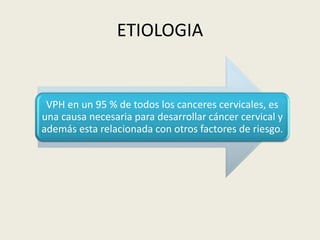 ETIOLOGIA
VPH en un 95 % de todos los canceres cervicales, es
una causa necesaria para desarrollar cáncer cervical y
además esta relacionada con otros factores de riesgo.
 