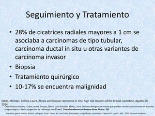 Seguimiento y Tratamiento
• 28% de cicatrices radiales mayores a 1 cm se
asociaba a carcinomas de tipo tubular,
carcinoma ductal in situ u otras variantes de
carcinoma invasor
• Biopsia
• Tratamiento quirúrgico
• 10-17% se encuentra malignidad
Granados, garcia martin. Arrieta, rodriguez Oscar. Cantu, de Leon David. Oncología y cirugía bases y principios. Capitulo 41. pg 451-465. 2013. Manual moderno.
Castro barba mariana. Cobos, maria. Sarquis, Flavia. Luna Griselda. Miller, Laura. Lesiones benignas de mama que pueden simular un carcinoma en estudios
imagenológicos. Revista argentina de radiología. vol.75 no.1 Ciudad Autónoma de Buenos Aires. Marzo. 201
Sabel, Michael. Collins, Laura. Atypia and lobular carcinoma in situ: high risk lessions of the breast. Uptodate. Agosto 20,
2014.
 
