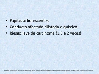 • Papilas arborescentes
• Conducto afectado dilatado o quistico
• Riesgo leve de carcinoma (1.5 a 2 veces)
Granados, garcia martin. Arrieta, rodriguez Oscar. Cantu, de Leon David. Oncología y cirugía bases y principios. Capitulo 41. pg 451-465. 2013. Manual moderno.
 