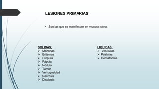 LESIONES PRIMARIAS
• Son las que se manifiestan en mucosa sana.
SOLIDAS:
 Manchas
 Eritemas
 Purpura
 Pápula
 Nódulo
 Tumor
 Verrugosidad
 Necrosis
 Displasia
LIQUIDAS:
 vesículas
 Pústulas
 Hematomas
 