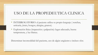 USO DE LA PROPEDEUTICA CLINICA
• INTERROGATORIO: el paciente utiliza su propio lenguaje ( ronchas,
urticaria, jiotes, hongos, alergias, granos).
• Exploración física (inspección y palpación): lugar adecuado, buena
temperatura, y luz blanca.
Determinar incomodidad del paciente, uso de algún ungüento e incluso olor.
 