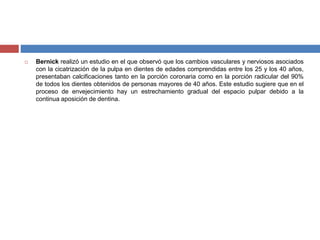  Bernick realizó un estudio en el que observó que los cambios vasculares y nerviosos asociados
con la cicatrización de la pulpa en dientes de edades comprendidas entre los 25 y los 40 años,
presentaban calcificaciones tanto en la porción coronaria como en la porción radicular del 90%
de todos los dientes obtenidos de personas mayores de 40 años. Este estudio sugiere que en el
proceso de envejecimiento hay un estrechamiento gradual del espacio pulpar debido a la
continua aposición de dentina.
 