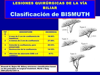 LESIONES QUIRÚRGICAS DE LA VÍA
                         BILIAR

          Clasificación de BISMUTH

  TIP               DESCRIPCIÓN                  INCIDENCIA
   O
   1     A mas de 2 cm de confluencia de            18-36%
         hepáticos
   2     A menos de 2 cm de confluencia             27-38%

   3     Coincide la confluencia, pero              20-33%
         preservada
   4     Destrucción de la confluencia              14-16%

   5     Afeccion de aberrante CHD o el              0-7%
         colédoco




Bismuth H, Majno PE. Biliary strictures: classification based
on the principles of surgical treatment. World J Surg
2001;25(10):1241–4.
 