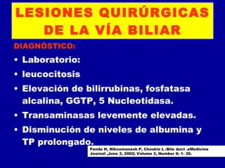 LESIONES QUIRÚRGICAS
   DE LA VÍA BILIAR
DIAGNÓSTICO:
• Laboratorio:
• leucocitosis
• Elevación de bilirrubinas, fosfatasa
  alcalina, GGTP, 5 Nucleotidasa.
• Transaminasas levemente elevadas.
• Disminución de niveles de albumina y
  TP prolongado.
                 Pande H, Nikoomanesh P, Cheskin L :Bile duct .eMedicine
                 Journal ,June 3, 2002; Volume 3, Number 6: 1- 30.
 