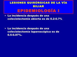 LESIONES QUIRÚRGICAS DE LA VÍA
               BILIAR
        EPIDEMIOLOGÍA I
• La incidencia después de una
  colecistectomia abierta es de 0.2-0.7%


• La incidencia después de una
  colecistectomía laparoscópica es de
  0.5-0.87%.
 