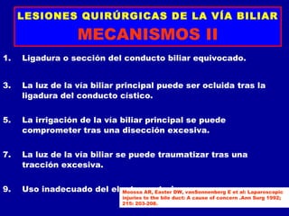 LESIONES QUIRÚRGICAS DE LA VÍA BILIAR

                    MECANISMOS II
1.   Ligadura o sección del conducto biliar equivocado.


3.   La luz de la vía biliar principal puede ser ocluida tras la
     ligadura del conducto cístico.


5.   La irrigación de la vía biliar principal se puede
     comprometer tras una disección excesiva.


7.   La luz de la vía biliar se puede traumatizar tras una
     tracción excesiva.


9.   Uso inadecuado del electrocauterio. vanSonnenberg E et al: Laparoscopic
                           Moossa AR, Easter DW,
                                injuries to the bile duct: A cause of concern .Ann Surg 1992;
                                215: 203-208.
 