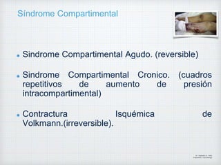 Síndrome Compartimental
Sindrome Compartimental Agudo. (reversible)
Sindrome Compartimental Cronico. (cuadros
repetitivos de aumento de presión
intracompartimental)
Contractura Isquémica de
Volkmann.(irreversible).
Dr. Vejarano A., Willy
Ortopedista y Traumatologo
 