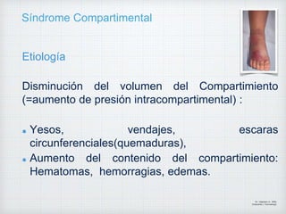 Síndrome Compartimental
Etiología
Disminución del volumen del Compartimiento
(=aumento de presión intracompartimental) :
Yesos, vendajes, escaras
circunferenciales(quemaduras),
Aumento del contenido del compartimiento:
Hematomas, hemorragias, edemas.
Dr. Vejarano A., Willy
Ortopedista y Traumatologo
 
