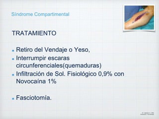 Síndrome Compartimental
TRATAMIENTO
Retiro del Vendaje o Yeso,
Interrumpir escaras
circunferenciales(quemaduras)
Infiltración de Sol. Fisiológico 0,9% con
Novocaína 1%
Fasciotomía.
Dr. Vejarano A., Willy
Ortopedista y Traumatologo
 