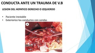 CONDUCTA ANTE UN TRAUMA DE V.B
LESION DEL HEPATICO DERECHO O IZQUIERDO
• Paciente inestable
• Exteriorice los conductos con sondas
 