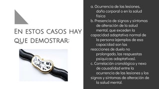 En estos casos hay
que demostrar:
a. Ocurrencia de las lesiones,
daño corporal o en la salud
física
b. Presencia de signos y síntomas
de alteración de la salud
mental, que exceden la
capacidad adaptativa normal de
la persona (ejemplos de esa
capacidad son las
reacciones de duelo no
prolongado, las respuestas
psíquicas adaptativas).
c. Correlación cronológica y nexo
de causalidad entre la
ocurrencia de las lesiones y los
signos y síntomas de alteración de
la salud mental.
 