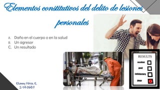 Elementos constitutivos del delito de lesiones
personales
A. Daño en el cuerpo o en la salud
B. Un agresor
C. Un resultado
Elianny Pérez E.
2-19-0687
 