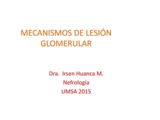 MECANISMOS DE LESIÓN
GLOMERULAR
Dra. Irsen Huanca M.
Nefrología
UMSA 2015
 