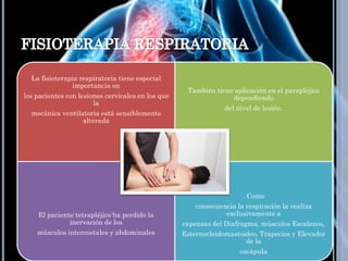 La fisioterapia respiratoria tiene especial
importancia en
los pacientes con lesiones cervicales en los que
la
mecánica ventilatoria está sensiblemente
alterada
También tiene aplicación en el parapléjico
dependiendo
del nivel de lesión.
El paciente tetrapléjico ha perdido la
inervación de los
músculos intercostales y abdominales
. Como
consecuencia la respiración la realiza
exclusivamente a
expensas del Diafragma, músculos Escalenos,
Esternocleidomastoideo, Trapecios y Elevador
de la
escápula
 