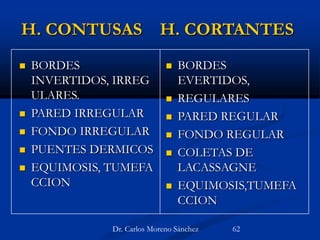 H. CONTUSAS H. CORTANTES
 BORDES
INVERTIDOS, IRREG
ULARES.
 PARED IRREGULAR
 FONDO IRREGULAR
 PUENTES DERMICOS
 EQUIMOSIS, TUMEFA
CCION
 BORDES
EVERTIDOS,
 REGULARES
 PARED REGULAR
 FONDO REGULAR
 COLETAS DE
LACASSAGNE
 EQUIMOSIS,TUMEFA
CCION
Dr. Carlos Moreno Sánchez 62
 