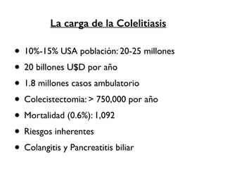 La carga de la Colelitiasis 
• 10%-15% USA población: 20-25 millones 
• 20 billones U$D por año 
• 1.8 millones casos ambulatorio 
• Colecistectomia: > 750,000 por año 
• Mortalidad (0.6%): 1,092 
• Riesgos inherentes 
• Colangitis y Pancreatitis biliar 
 
