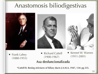 Anastomosis biliodigestivas 
• Frank Lahey 
(1880-1953) 
• Richard Cattell 
(1900-1967) 
• Kennet W. Warren 
(1911-2001) 
Asa desfuncionalizada 
*Cattell R. Bening strictures of biliary ducts J.A.M.A, 1947, 134: pg 235. 
58 
 