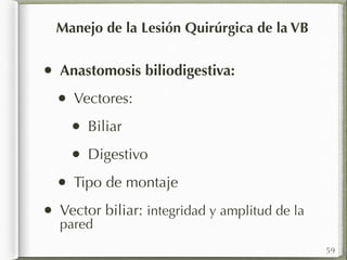 • Anastomosis biliodigestiva: 
• Vectores: 
• Biliar 
• Digestivo 
• Tipo de montaje 
• Vector biliar: integridad y amplitud de la 
pared 
59 
Manejo de la Lesión Quirúrgica de la VB 
 