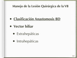 • Clasificación Anastomosis BD 
• Vector biliar 
• Extrahepáticas 
• Intrahepáticas 
60 
Manejo de la Lesión Quirúrgica de la VB 
 