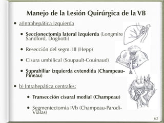 • a)Intrahepática Izquierda 
• Seccionectomia lateral izquierda (Longmire 
Sandford, Dogliotti) 
• Resección del segm. III (Hepp) 
• Cisura umbilical (Soupault-Couinaud) 
• Suprahiliar izquierda extendida (Champeau- 
Pineau) 
• b) Intrahepática centrales: 
• Transección cisural medial (Champeau) 
• Segmentectomia IVb (Champeau-Parodi- 
Vialas) 
62 
Manejo de la Lesión Quirúrgica de la VB 
 