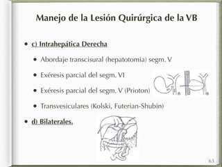 • c) Intrahepática Derecha 
• Abordaje transcisural (hepatotomia) segm. V 
• Exéresis parcial del segm. VI 
• Exéresis parcial del segm. V (Prioton) 
• Transvesiculares (Kolski, Futerian-Shubin) 
• d) Bilaterales. 
63 
Manejo de la Lesión Quirúrgica de la VB 
 