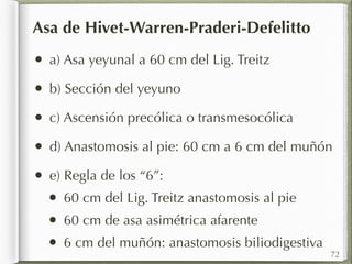 Asa de Hivet-Warren-Praderi-Defelitto 
• a) Asa yeyunal a 60 cm del Lig. Treitz 
• b) Sección del yeyuno 
• c) Ascensión precólica o transmesocólica 
• d) Anastomosis al pie: 60 cm a 6 cm del muñón 
• e) Regla de los “6”: 
• 60 cm del Lig. Treitz anastomosis al pie 
• 60 cm de asa asimétrica afarente 
• 6 cm del muñón: anastomosis biliodigestiva 
72 
 