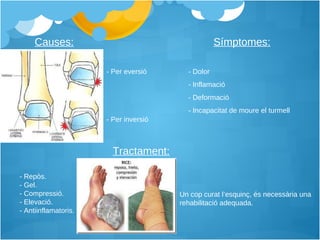 Causes: - Per inversió - Per eversió Símptomes: - Dolor - Inflamació - Deformació - Incapacitat de moure el turmell Tractament: - Repòs.  - Gel.  - Compressió.  - Elevació.  - Antiinflamatoris. Un cop curat l’esquinç, és necessària una rehabilitació adequada. 