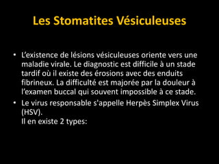 Les Stomatites Vésiculeuses
• L’existence de lésions vésiculeuses oriente vers une
maladie virale. Le diagnostic est difficile à un stade
tardif où il existe des érosions avec des enduits
fibrineux. La difficulté est majorée par la douleur à
l’examen buccal qui souvent impossible à ce stade.
• Le virus responsable s'appelle Herpès Simplex Virus
(HSV).
Il en existe 2 types:
 
