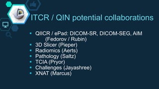 ITCR / QIN potential collaborations
 QIICR / ePad: DICOM-SR, DICOM-SEG, AIM
(Fedorov / Rubin)
 3D Slicer (Pieper)
 Radi...