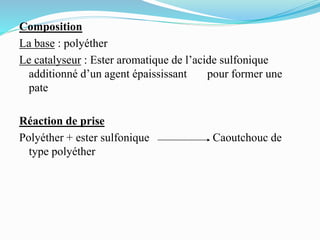 Composition
La base : polyéther
Le catalyseur : Ester aromatique de l’acide sulfonique
additionné d’un agent épaississant pour former une
pate
Réaction de prise
Polyéther + ester sulfonique Caoutchouc de
type polyéther
 