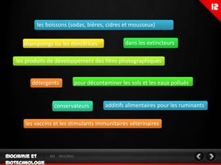 les boissons (sodas, bières, cidres et mousseux)


  shampoings ou les dentifrices                   dans les extincteurs

les produits de développement des films photographiques


      détergents              pour décontaminer les sols et les eaux pollués


              conservateurs               additifs alimentaires pour les ruminants

   les vaccins et les stimulants immunitaires vétérinaires




             M2   2011/2012
 
