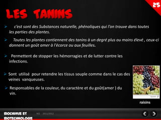       c’est sont des Substances naturelle, phénoliques qui l’on trouve dans toutes
    les parties des plantes.
     Toutes les plantes contiennent des tanins à un degré plus ou moins élevé , ceux-ci
    donnent un goût amer à l'écorce ou aux feuilles.

 Permettent de stopper les hémorragies et de lutter contre les
 infections.

 Sont utilisé pour retendre les tissus souple comme dans le cas des
  veines vanqueuses.
 Responsables de la couleur, du caractère et du goût(amer ) du
  vin.
                                                                             raisins

                   M2   2011/2012
 