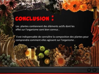 CONCLUSION                      :
Les plantes contiennent des éléments actifs dont les
effet sur l'organisme sont bien connus .

 Il est indispensable de connaître la composition des plantes pour
comprendre comment elles agissent sur l'organisme .
 