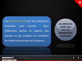  Les éléments sont des substances
 Les éléments actifs actifs sont des
                                         Les éléments
 lesquelles sont trouvés         dans
   substances lesquelles sont trouvés     actifs sont
 différentes partiesparties et organes     issus du
  dans différentes et organes des
                                         métabolisme
 plantes, et qui changent changent ou
  des plantes, et qui ou modifient        secondaire
 les systèmesles systèmes humaines. ou
   modifient animales ou animales
  humaines.



              M2   2011/2012
 
