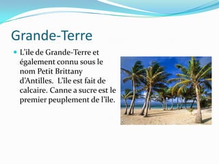 Grande-TerreL’ile de Grande-Terre et également connu sous le nom Petit Brittany d’Antilles.  L’île est fait de calcaire. Canne a sucre est le premier peuplement de l’île. 