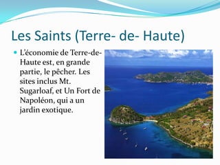 Les Saints (Terre- de- Haute) L’économie de Terre-de-Haute est, en grande partie, le pêcher. Les sites inclus Mt. Sugarloaf, et Un Fort de Napoléon, qui a un jardin exotique. 
