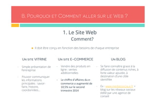 B. Pourquoi et Comment aller sur le Web ? 
1. Le Site Web 
Comment? 
n Il doit être conçu en fonction des besoins de chaque entreprise 
Un site VITRINE 
- Simple présentation de 
l’entreprise 
- Pouvoir communiquer 
les informations 
principales : savoir-faire, 
histoire, 
coordonnées… 
Un site E-COMMERCE 
- Vendre des produits en 
ligne : ventes 
additionnelles 
-­‐ Le 
chiffre 
d’affaires 
du 
e-­‐ 
commerce 
a 
augmenté 
de 
10,5% 
sur 
le 
second 
trimestre 
2014 
Un BLOG 
- Se faire connaître grace à la 
diffusion de contenus riches, à 
forte valeur ajoutée, à 
destination d’une cible 
identifiée 
- Ex : www.mediassociaux.fr > 
blog sur les réseaux sociaux 
édité par une agence de 
conseil 
 