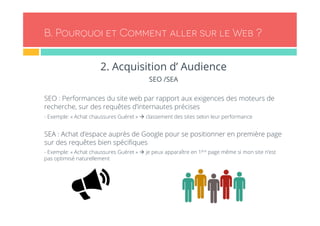 B. Pourquoi et Comment aller sur le Web ? 
2. Acquisition d’ Audience 
SEO /SEA 
SEO : Performances du site web par rapport aux exigences des moteurs de 
recherche, sur des requêtes d’internautes précises 
- Exemple: « Achat chaussures Guéret » à classement des sites selon leur performance 
SEA : Achat d’espace auprès de Google pour se positionner en première page 
sur des requêtes bien spécifiques 
- Exemple: « Achat chaussures Guéret » à je peux apparaître en 1ère page même si mon site n’est 
pas optimisé naturellement 
 