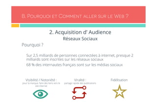 B. Pourquoi et Comment aller sur le Web ? 
2. Acquisition d’ Audience 
Réseaux Sociaux 
Pourquoi ? 
- Sur 2,5 milliards de personnes connectées à internet, presque 2 
milliards sont inscrites sur les réseaux sociaux 
- 68 % des internautes français sont sur les médias sociaux 
Visibilité / Notoriété : 
pour la marque, faire des liens vers le 
site internet 
Viralité : 
partage rapide des publications 
Fidélisation 
 