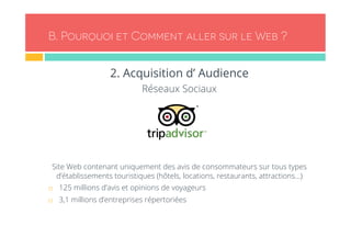 B. Pourquoi et Comment aller sur le Web ? 
2. Acquisition d’ Audience 
Réseaux Sociaux 
Site Web contenant uniquement des avis de consommateurs sur tous types 
d’établissements touristiques (hôtels, locations, restaurants, attractions…) 
¨ 125 millions d’avis et opinions de voyageurs 
¨ 3,1 millions d’entreprises répertoriées 
 