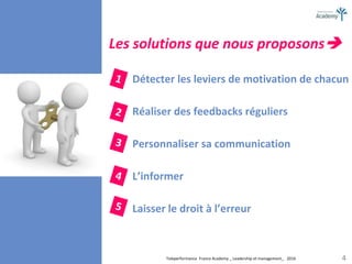 Teleperformance France Academy _ Leadership et management_ 2016 4
Détecter les leviers de motivation de chacun
Réaliser des feedbacks réguliers
Personnaliser sa communication
L’informer
Laisser le droit à l’erreur
Les solutions que nous proposons
 