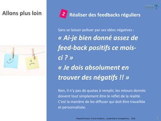Teleperformance France Academy _ Leadership et management_ 2016 7
Réaliser des feedbacks réguliers
Sans se laisser polluer par ses idées négatives :
« Ai-je bien donné assez de
feed-back positifs ce mois-
ci ? »
« Je dois absolument en
trouver des négatifs !! »
Non, il n’y pas de quotas à remplir, les retours donnés
doivent tout simplement être le reflet de la réalité.
C’est la manière de les diffuser qui doit être travaillée
et personnalisée.
Allons plus loin
 