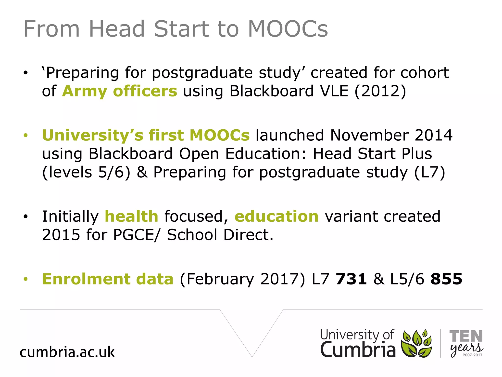 From Head Start to MOOCs
• ‘Preparing for postgraduate study’ created for cohort
of Army officers using Blackboard VLE (2012)
• University’s first MOOCs launched November 2014
using Blackboard Open Education: Head Start Plus
(levels 5/6) & Preparing for postgraduate study (L7)
• Initially health focused, education variant created
2015 for PGCE/ School Direct.
• Enrolment data (February 2017) L7 731 & L5/6 855
 