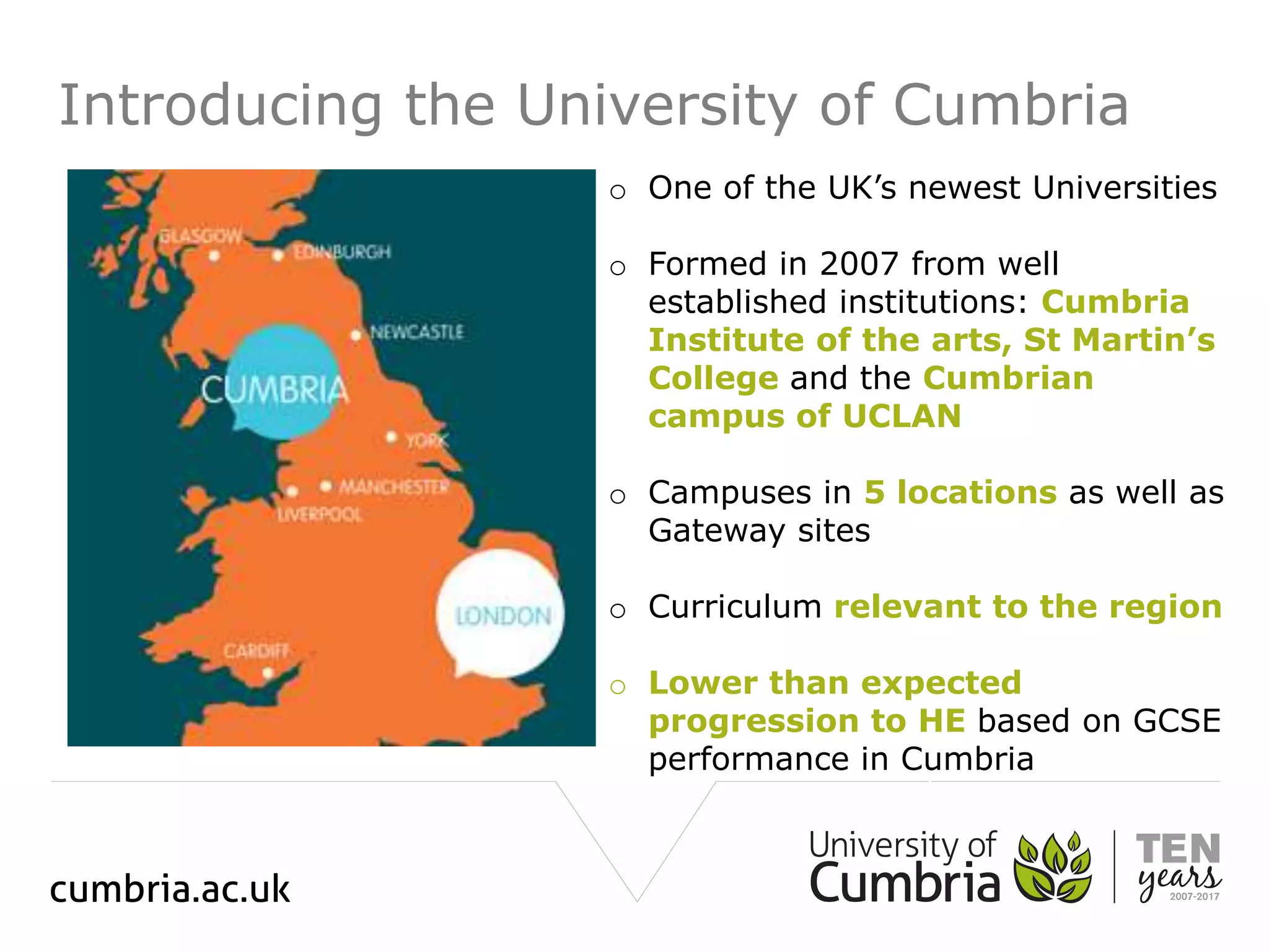 McVeigh 2012
o One of the UK’s newest Universities
o Formed in 2007 from well
established institutions: Cumbria
Institute of the arts, St Martin’s
College and the Cumbrian
campus of UCLAN
o Campuses in 5 locations as well as
Gateway sites
o Curriculum relevant to the region
o Lower than expected
progression to HE based on GCSE
performance in Cumbria
Introducing the University of Cumbria
 