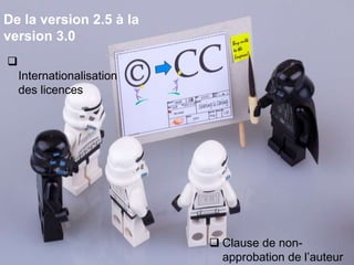 De la version 2.5 à la
version 3.0

    Internationalisation
    des licences




                            Clause de non-
                             approbation de l’auteur
 
